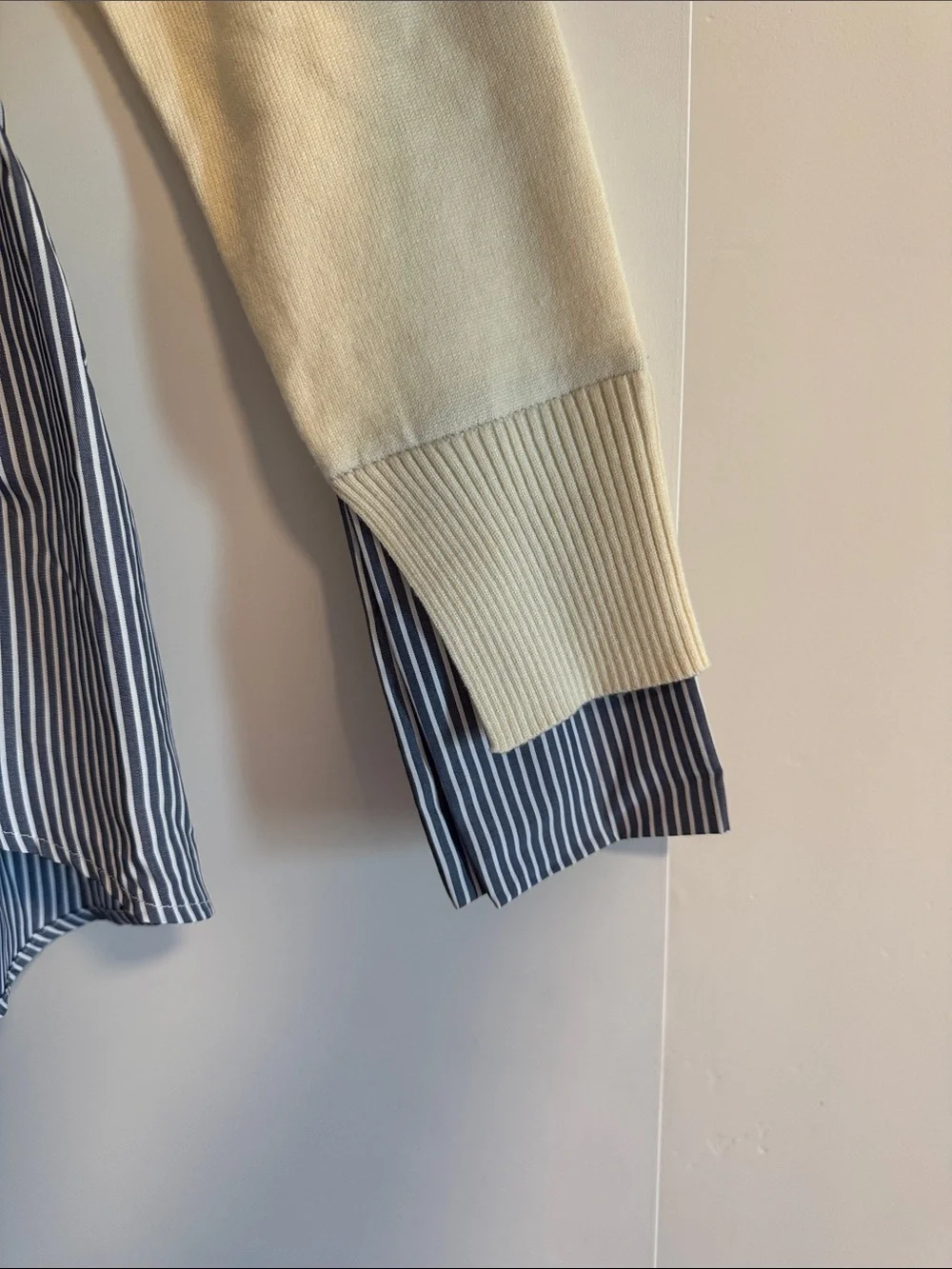 Maeve Cream Turtleneck Sweater with Blue-White Striped Shirt Hem - Picture 2 of 4